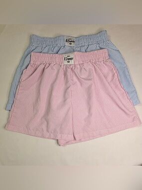 EZWear Pink & Blue Seersucker Striped Cotton Shorts Lot Sz M Preppy Coastal Old